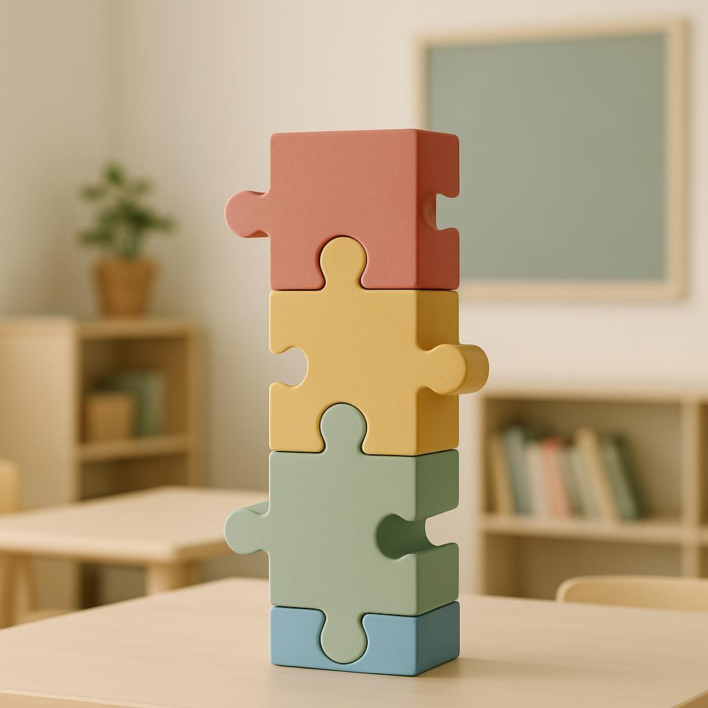 **Alt Text:** Un personnage colorable coloré joue avec des Matesques de papa Nidel dans une pièce blanche et sombre.