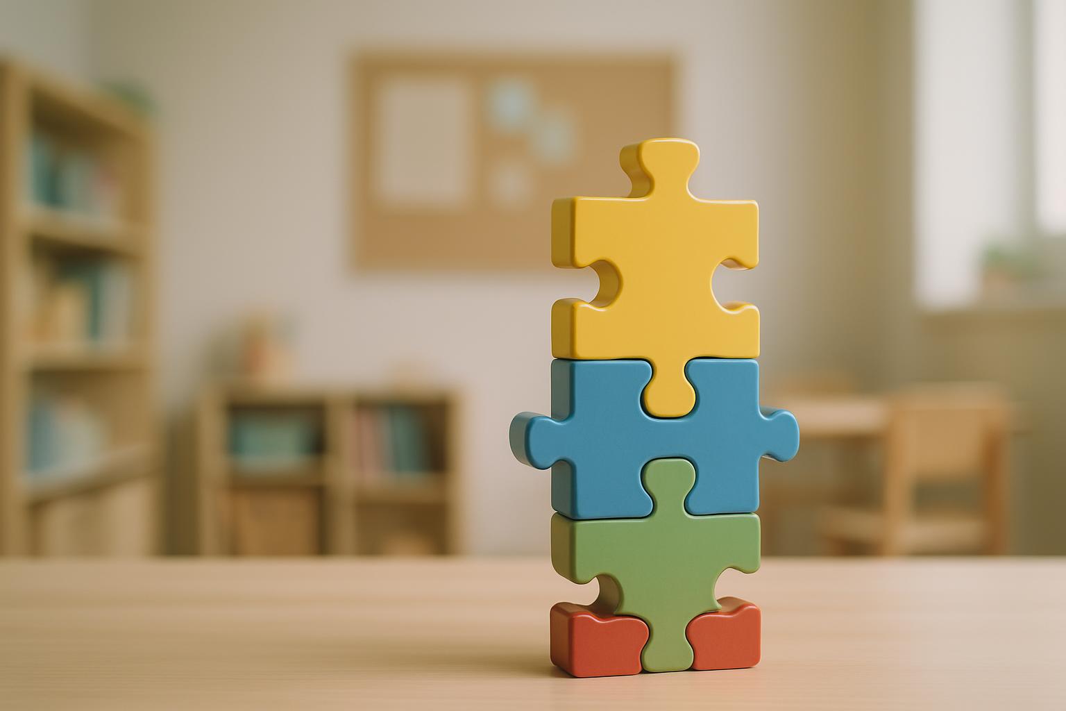 Collection de puzzles sur une table; pièce blanche d'arrière-plan; le sujet fait un parfait quadrille avec les autres pièc...