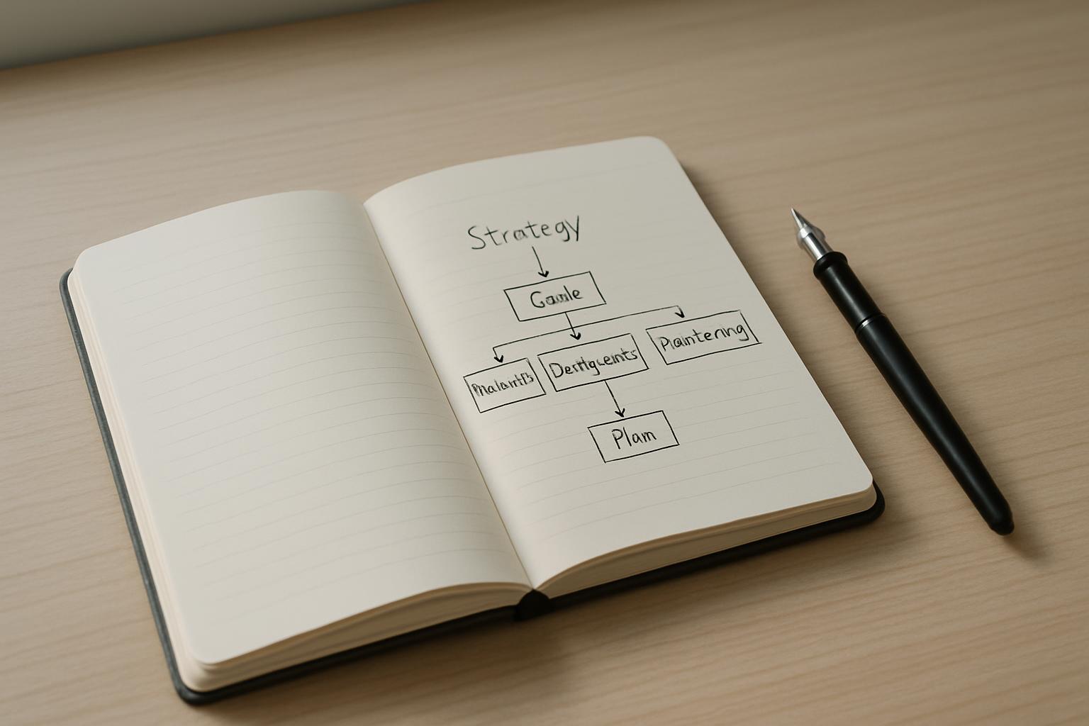 Photo d'un livre ouvert avec un plan de stratégie et un stylo de bureau à la.getAction direct.