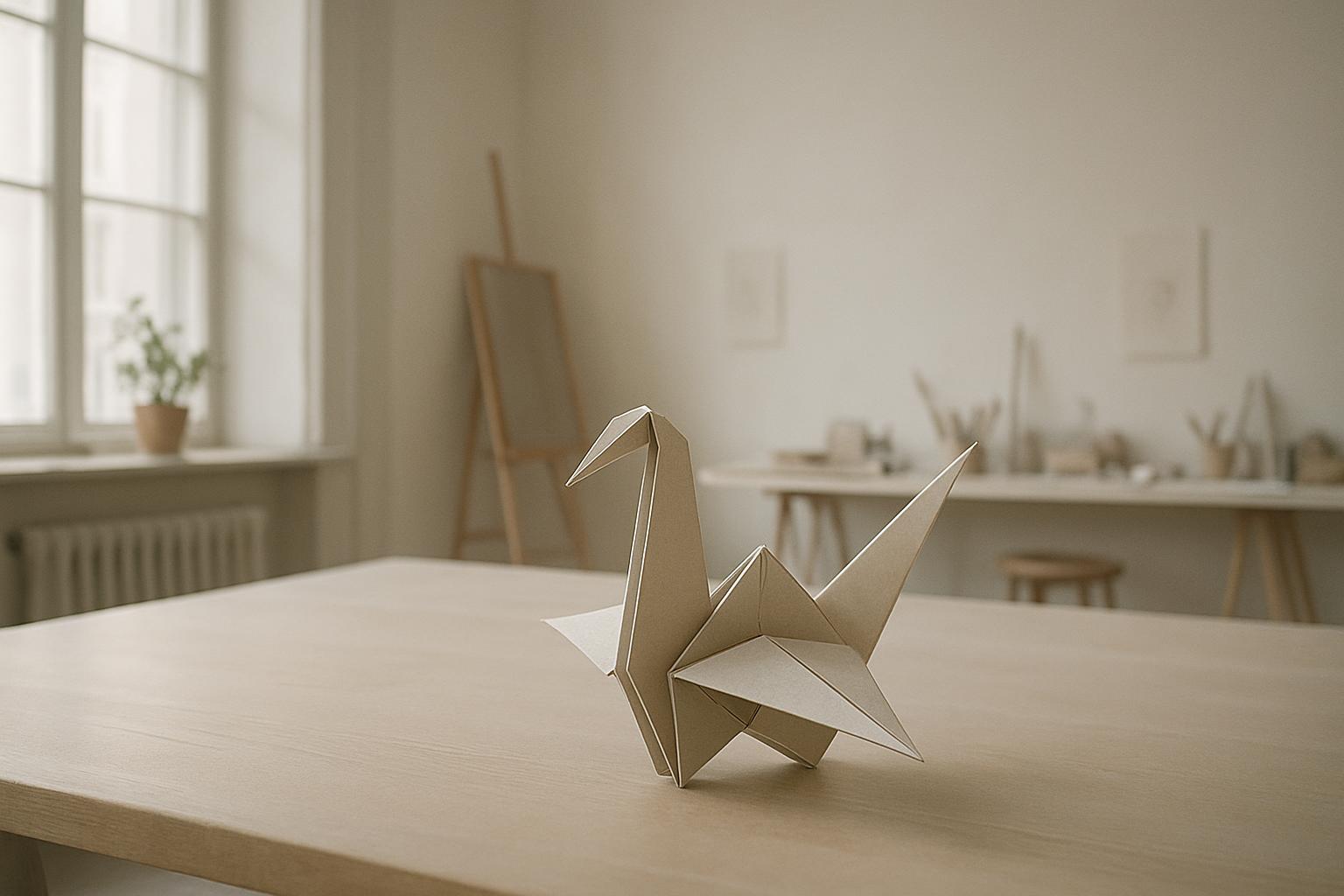 Un papier ordinaire plié en forme de colibri à l'intérieur d'une pièce divisible par cinq avec des effets d'éclairage nord...