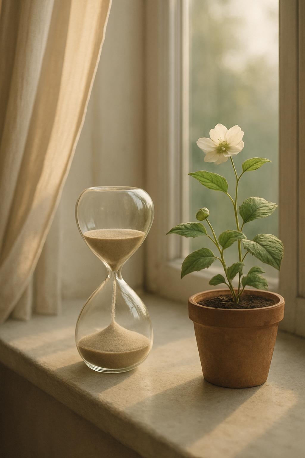 title Une fleur blanche en pot sur une fenêtre, avec un verre d'heure à côté. Cadre ensoleillé comme neige.