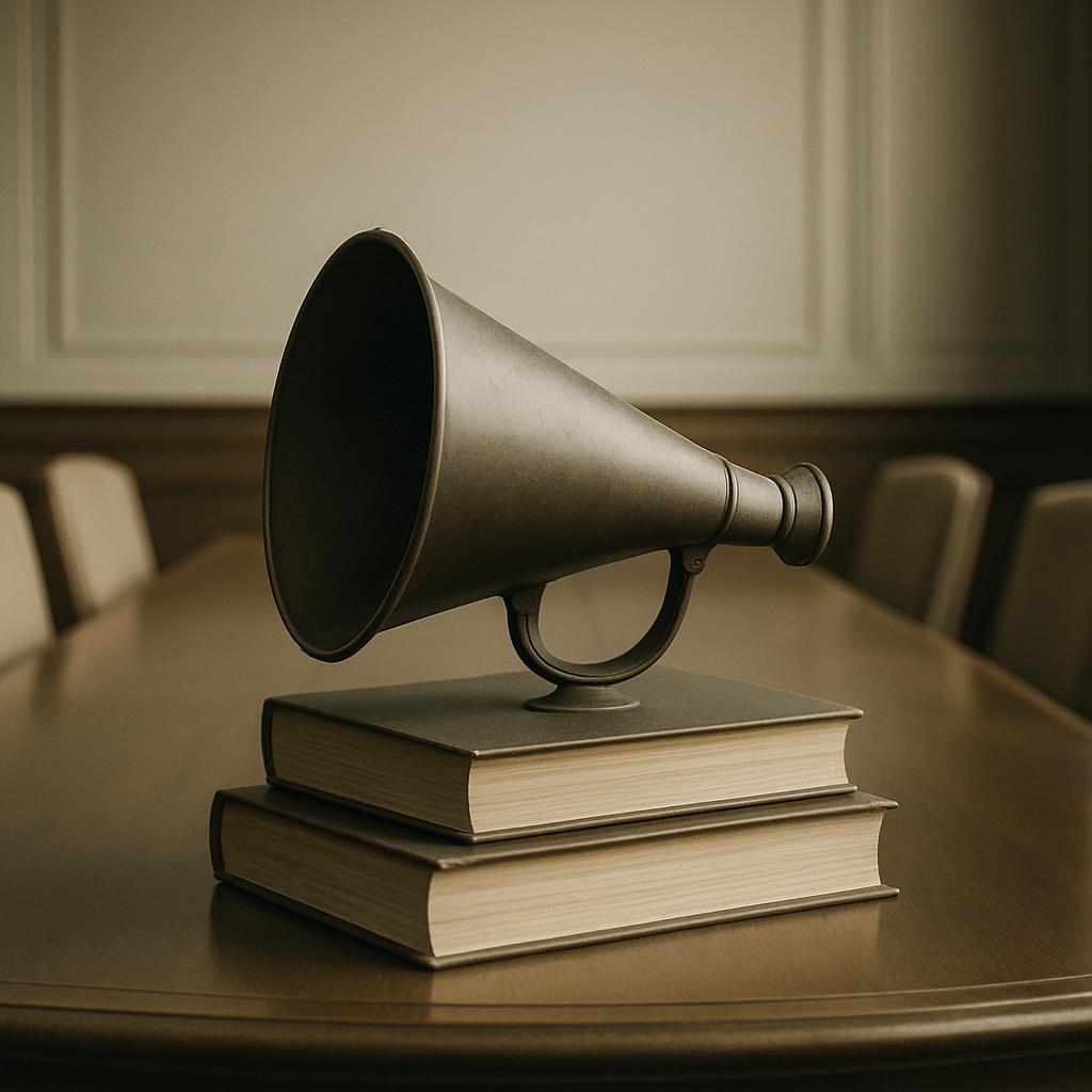 Tricorne of a metallic sculpture of a gramophone, on top of two books, on a wooden table, white paneled wall in the backgr...